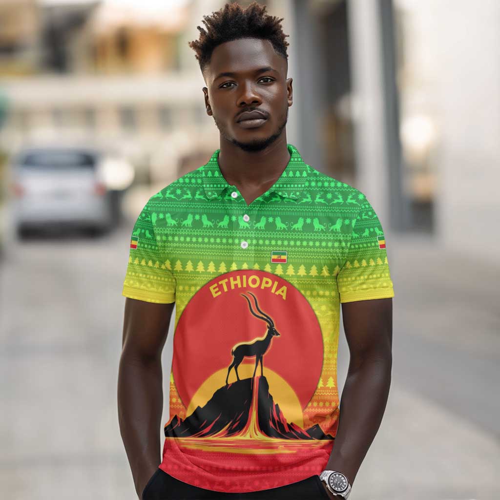 Ethiopia Christmas Polo Shirt Mountain Gazelle Sunset Ethiopian Flag - African Pride
