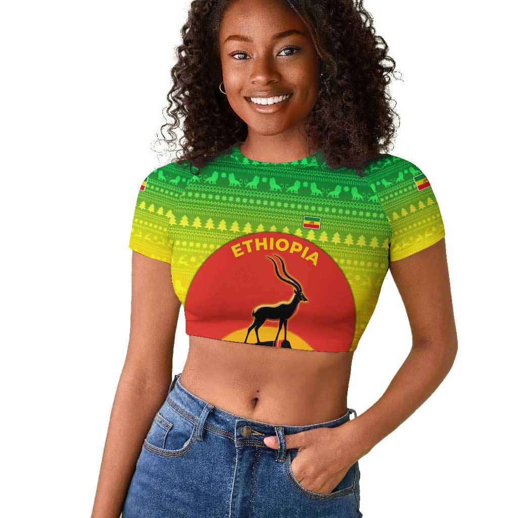 Ethiopia Christmas Raglan Cropped T shirt Mountain Gazelle Sunset Ethiopian Flag - African Pride