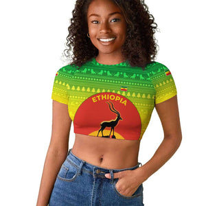 Ethiopia Christmas Raglan Cropped T shirt Mountain Gazelle Sunset Ethiopian Flag - African Pride