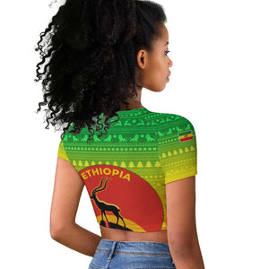 Ethiopia Christmas Raglan Cropped T shirt Mountain Gazelle Sunset Ethiopian Flag - African Pride