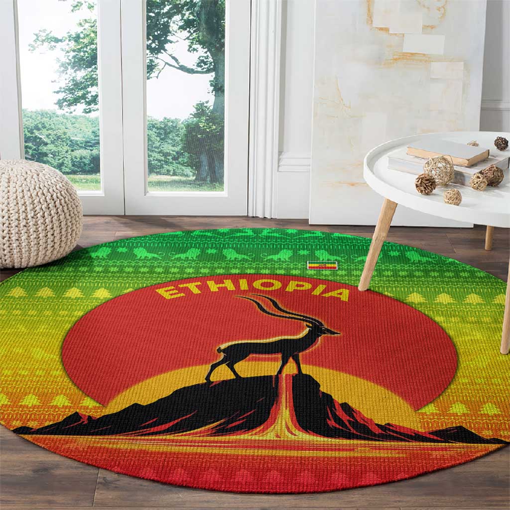 Ethiopia Christmas Round Carpet Mountain Gazelle Sunset Ethiopian Flag - African Pride