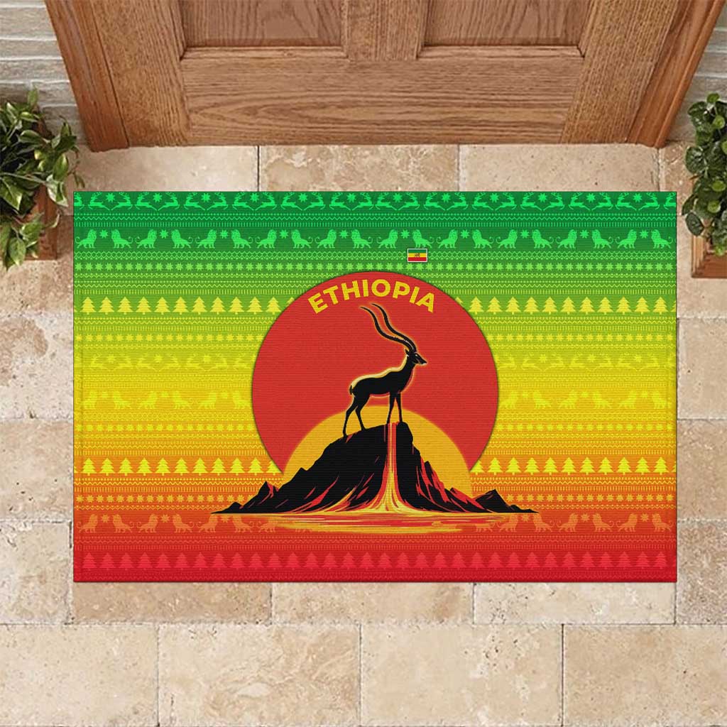 Ethiopia Christmas Rubber Doormat Mountain Gazelle Sunset Ethiopian Flag - African Pride