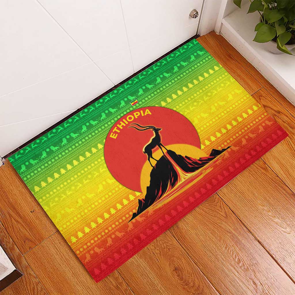 Ethiopia Christmas Rubber Doormat Mountain Gazelle Sunset Ethiopian Flag - African Pride
