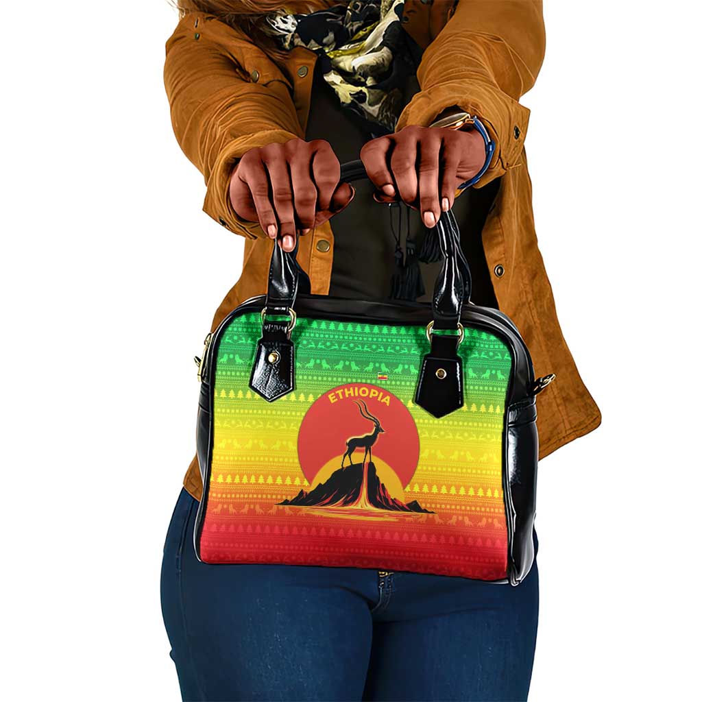 Ethiopia Christmas Shoulder Handbag Mountain Gazelle Sunset Ethiopian Flag - African Pride