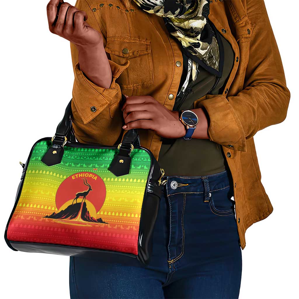 Ethiopia Christmas Shoulder Handbag Mountain Gazelle Sunset Ethiopian Flag - African Pride