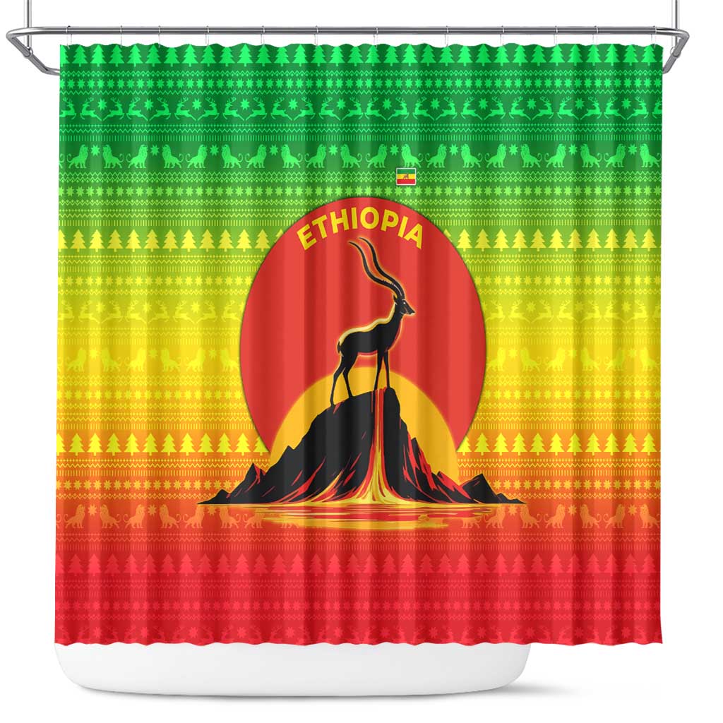 Ethiopia Christmas Shower Curtain Mountain Gazelle Sunset Ethiopian Flag - African Pride