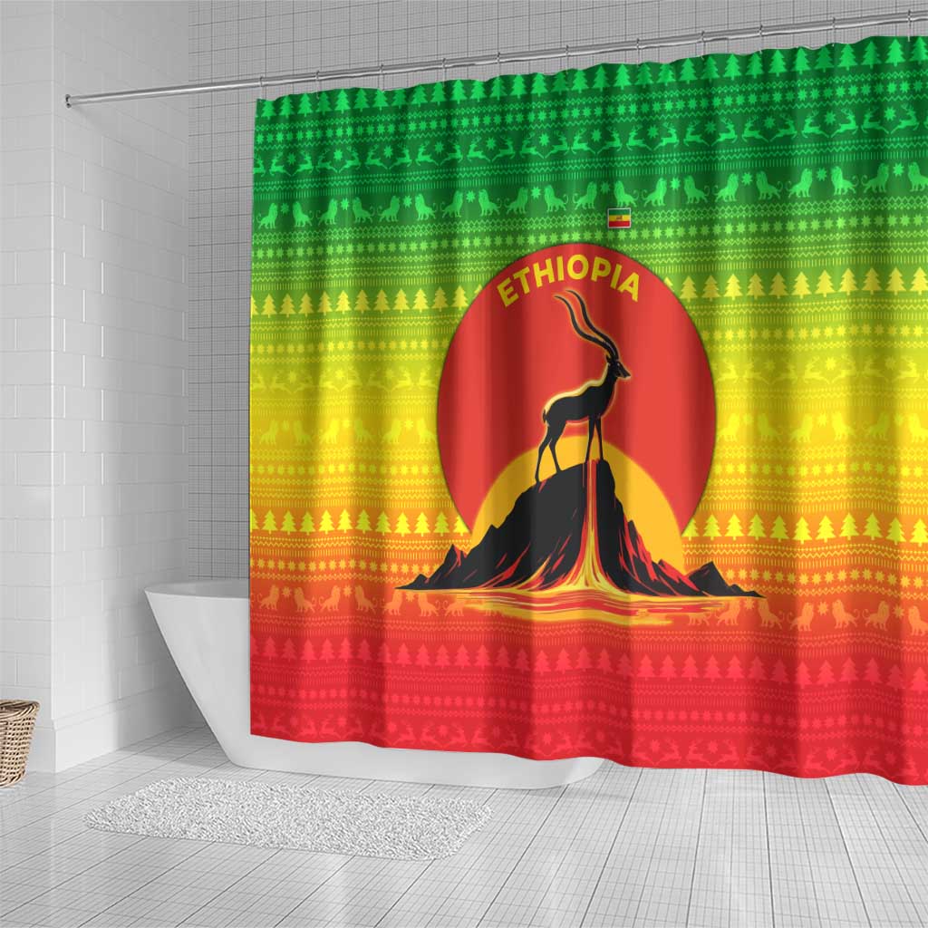 Ethiopia Christmas Shower Curtain Mountain Gazelle Sunset Ethiopian Flag - African Pride