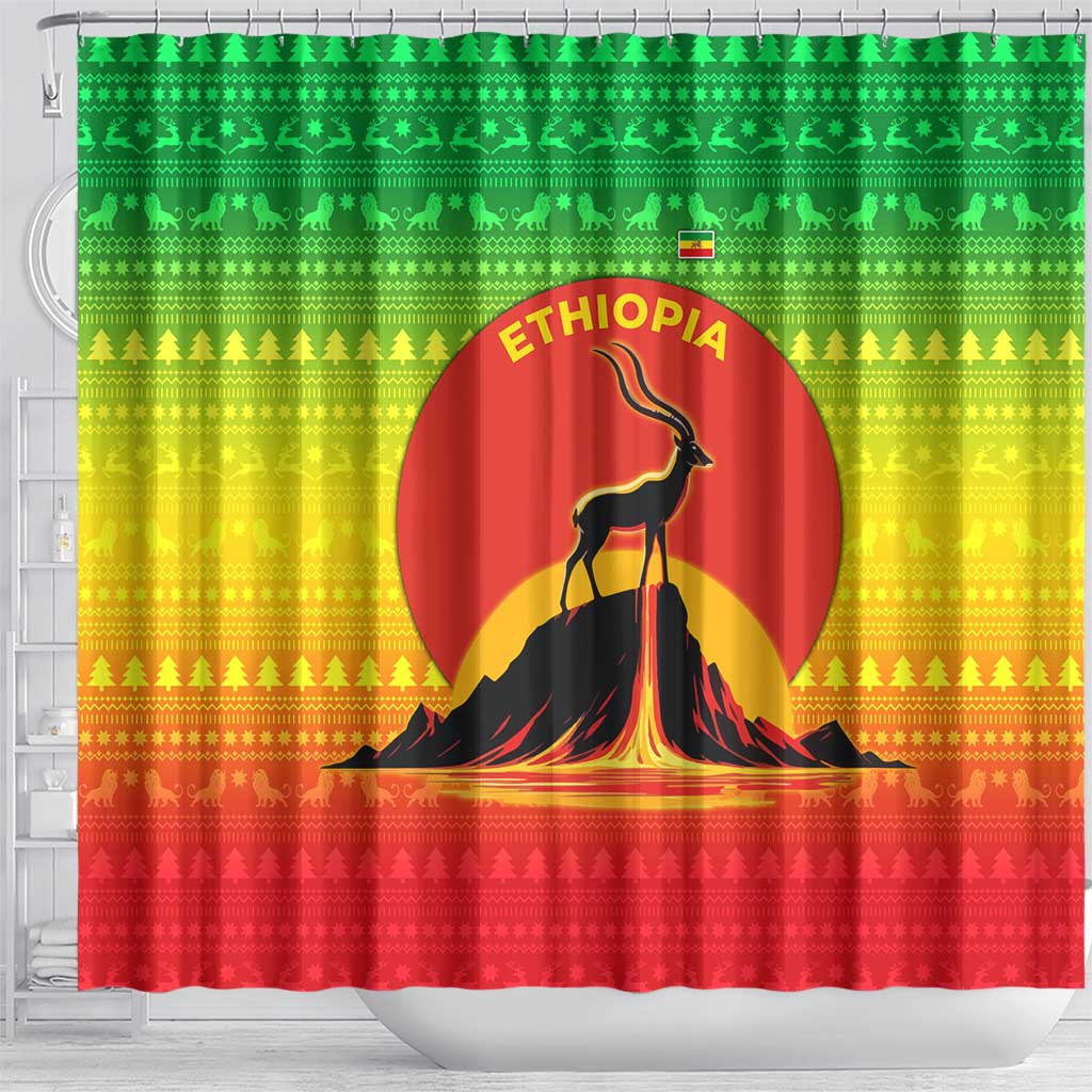 Ethiopia Christmas Shower Curtain Mountain Gazelle Sunset Ethiopian Flag - African Pride