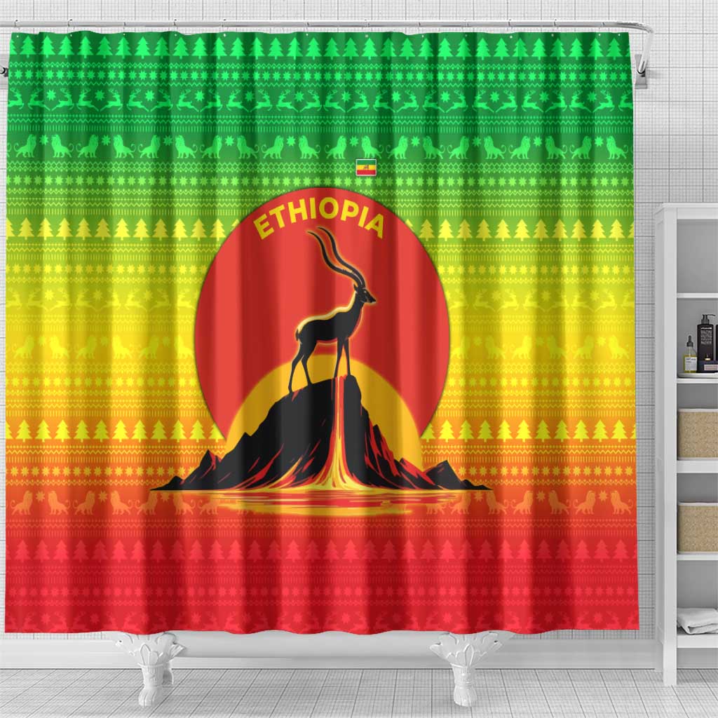 Ethiopia Christmas Shower Curtain Mountain Gazelle Sunset Ethiopian Flag - African Pride