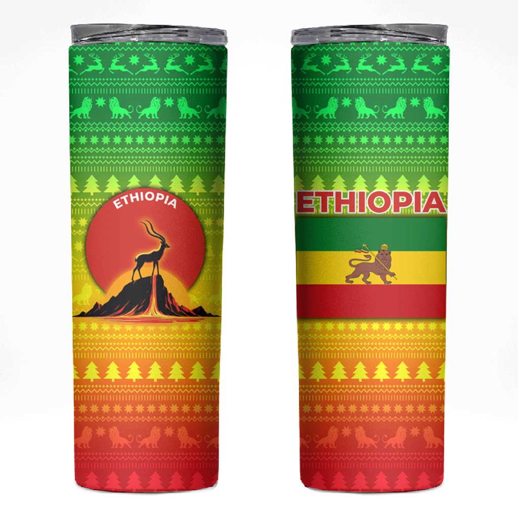 Ethiopia Christmas Skinny Tumbler Mountain Gazelle Sunset Ethiopian Flag - African Pride