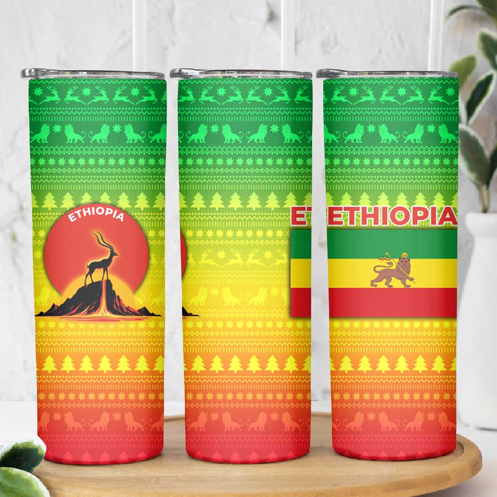 Ethiopia Christmas Skinny Tumbler Mountain Gazelle Sunset Ethiopian Flag - African Pride