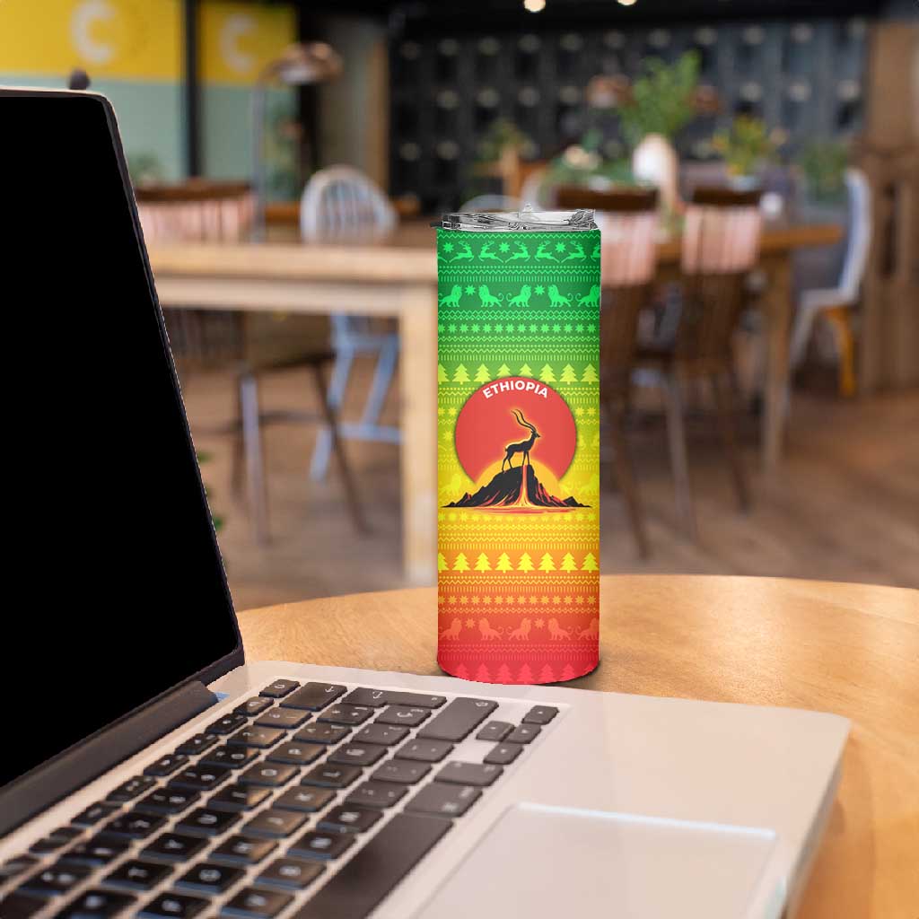 Ethiopia Christmas Skinny Tumbler Mountain Gazelle Sunset Ethiopian Flag - African Pride