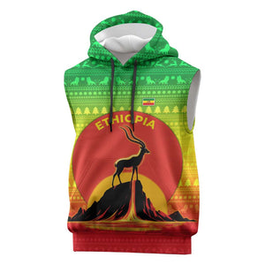 Ethiopia Christmas Sleeveless Hoodie Mountain Gazelle Sunset Ethiopian Flag - African Pride