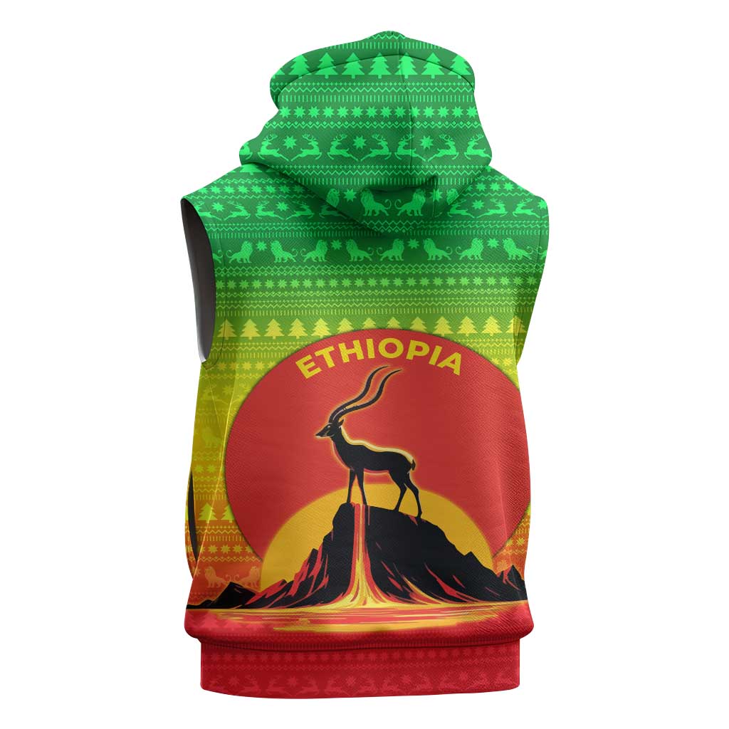 Ethiopia Christmas Sleeveless Hoodie Mountain Gazelle Sunset Ethiopian Flag - African Pride
