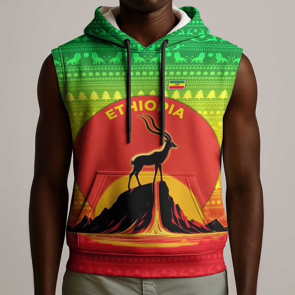 Ethiopia Christmas Sleeveless Hoodie Mountain Gazelle Sunset Ethiopian Flag - African Pride