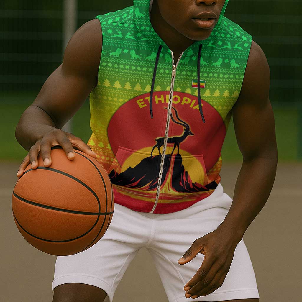 Ethiopia Christmas Sleeveless Zip Hoodie Mountain Gazelle Sunset Ethiopian Flag - African Pride