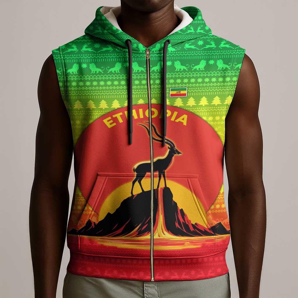Ethiopia Christmas Sleeveless Zip Hoodie Mountain Gazelle Sunset Ethiopian Flag - African Pride