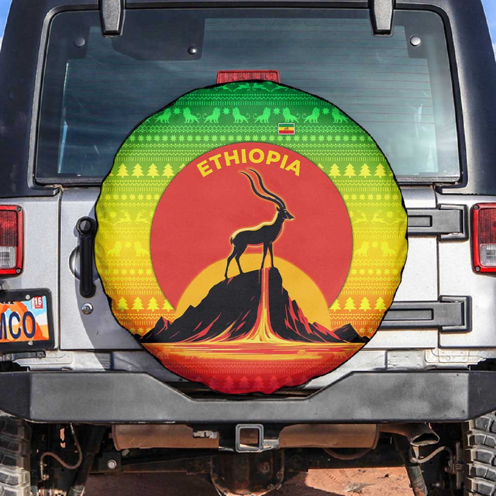 Ethiopia Christmas Spare Tire Cover Mountain Gazelle Sunset Ethiopian Flag - African Pride