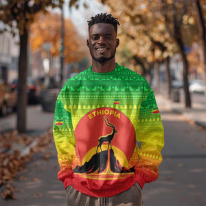Ethiopia Christmas Sweatshirt Mountain Gazelle Sunset Ethiopian Flag - African Pride