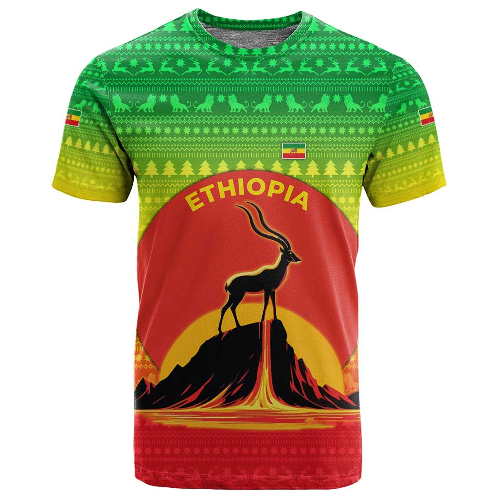 Ethiopia Christmas T shirt Mountain Gazelle Sunset Ethiopian Flag - African Pride