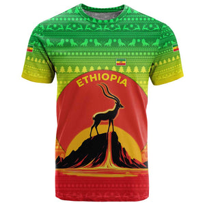 Ethiopia Christmas T shirt Mountain Gazelle Sunset Ethiopian Flag - African Pride