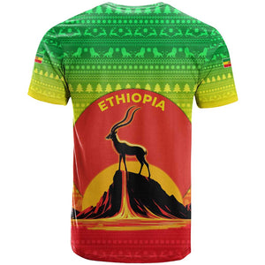 Ethiopia Christmas T shirt Mountain Gazelle Sunset Ethiopian Flag - African Pride