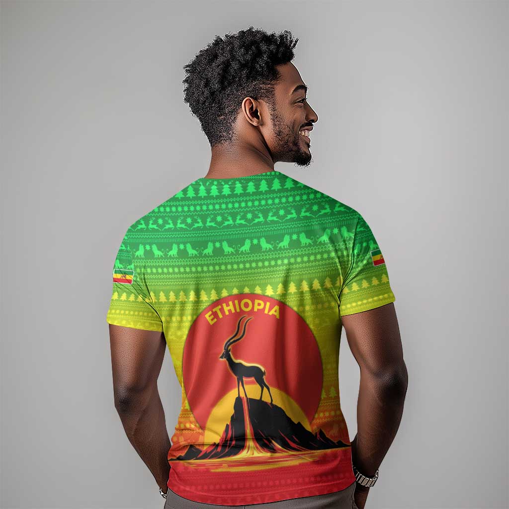 Ethiopia Christmas T shirt Mountain Gazelle Sunset Ethiopian Flag - African Pride