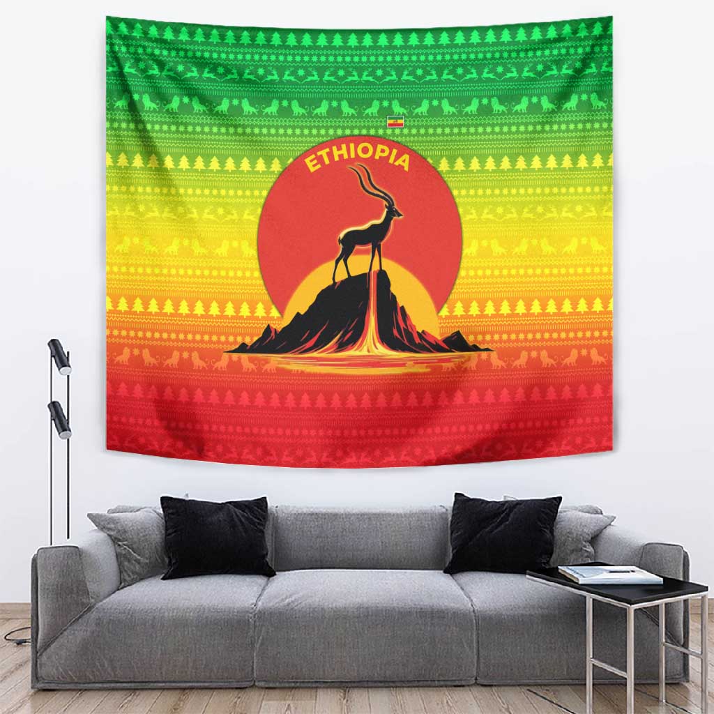 Ethiopia Christmas Tapestry Mountain Gazelle Sunset Ethiopian Flag - African Pride