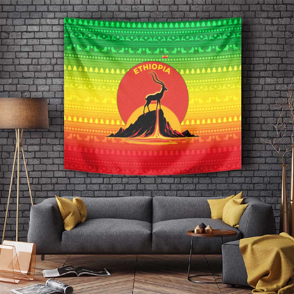 Ethiopia Christmas Tapestry Mountain Gazelle Sunset Ethiopian Flag - African Pride