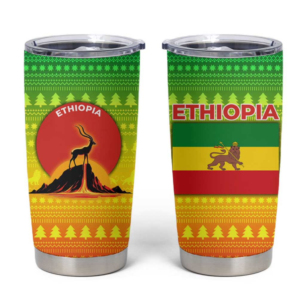 Ethiopia Christmas Tumbler Cup Mountain Gazelle Sunset Ethiopian Flag - African Pride