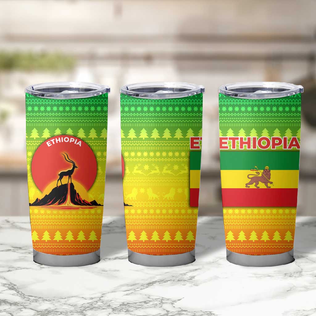 Ethiopia Christmas Tumbler Cup Mountain Gazelle Sunset Ethiopian Flag - African Pride