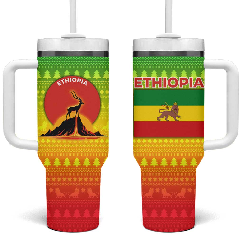 Ethiopia Christmas Tumbler With Handle Mountain Gazelle Sunset Ethiopian Flag - African Pride