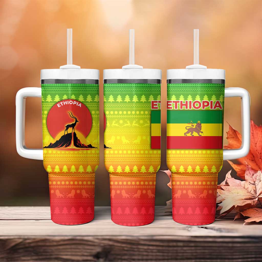 Ethiopia Christmas Tumbler With Handle Mountain Gazelle Sunset Ethiopian Flag - African Pride