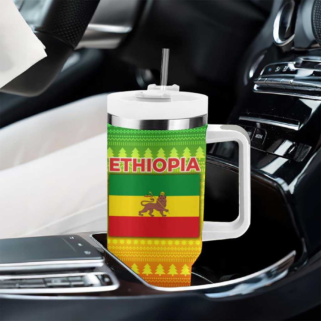 Ethiopia Christmas Tumbler With Handle Mountain Gazelle Sunset Ethiopian Flag - African Pride