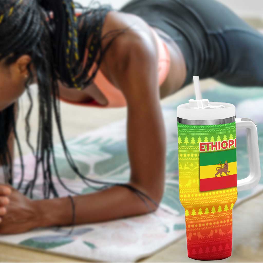 Ethiopia Christmas Tumbler With Handle Mountain Gazelle Sunset Ethiopian Flag - African Pride