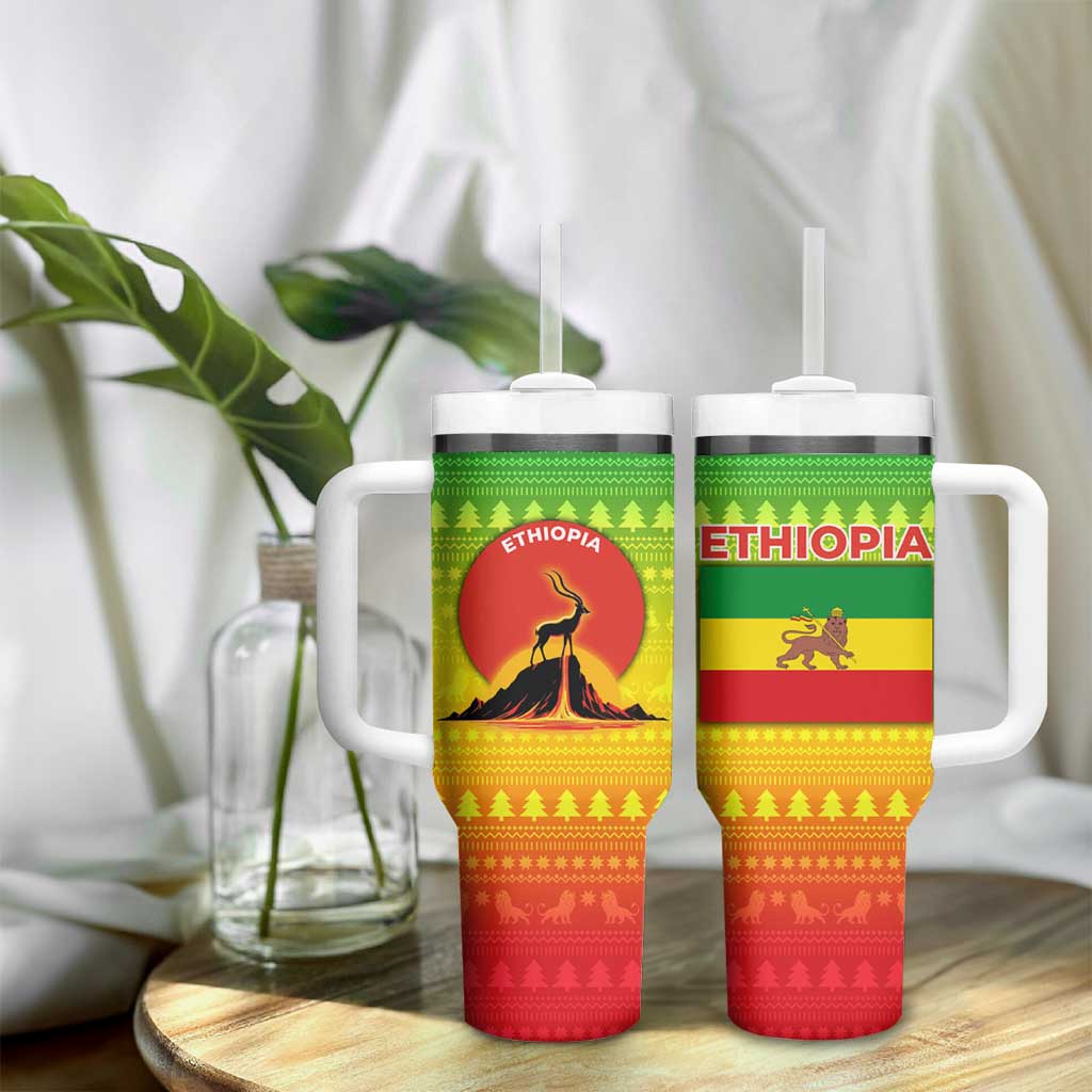 Ethiopia Christmas Tumbler With Handle Mountain Gazelle Sunset Ethiopian Flag - African Pride