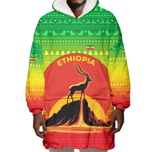 Ethiopia Christmas Wearable Blanket Hoodie Mountain Gazelle Sunset Ethiopian Flag - African Pride