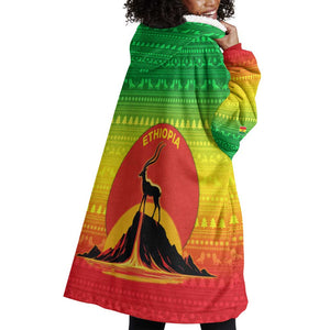 Ethiopia Christmas Wearable Blanket Hoodie Mountain Gazelle Sunset Ethiopian Flag - African Pride