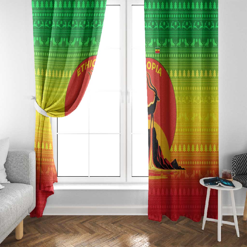 Ethiopia Christmas Window Curtain Mountain Gazelle Sunset Ethiopian Flag - African Pride