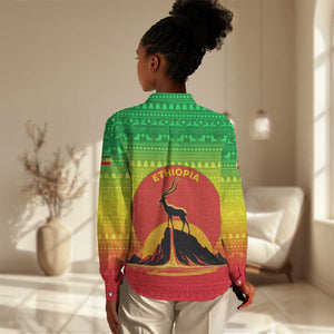 Ethiopia Christmas Women Casual Shirt Mountain Gazelle Sunset Ethiopian Flag - African Pride