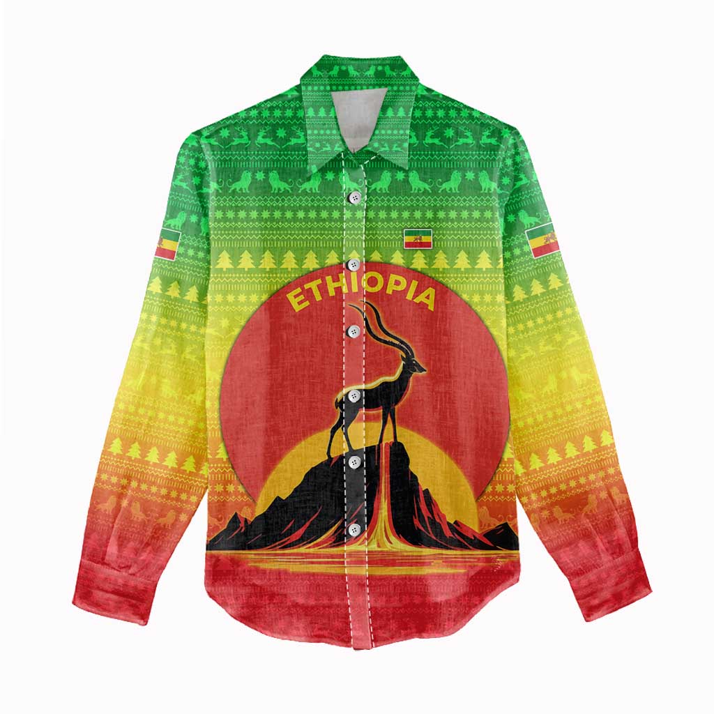 Ethiopia Christmas Women Casual Shirt Mountain Gazelle Sunset Ethiopian Flag - African Pride