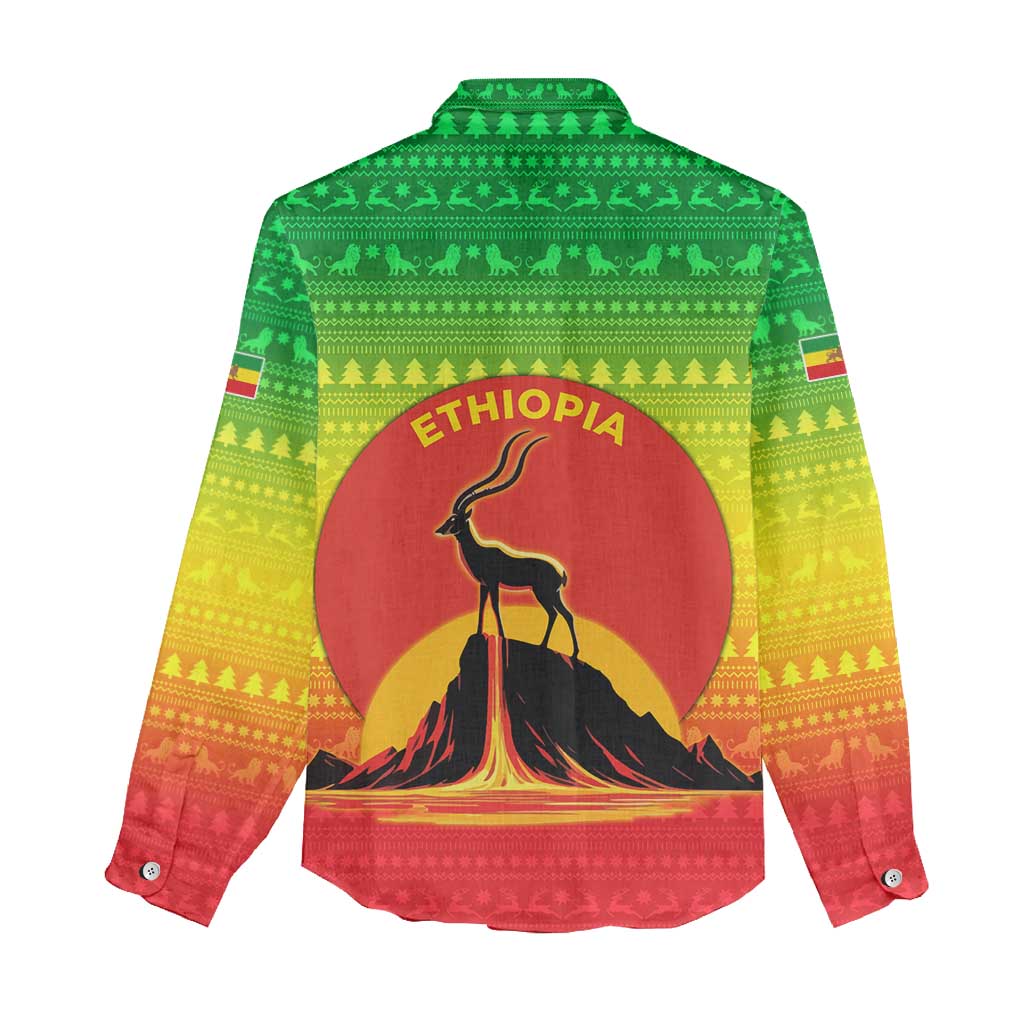 Ethiopia Christmas Women Casual Shirt Mountain Gazelle Sunset Ethiopian Flag - African Pride