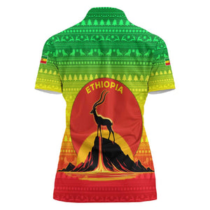 Ethiopia Christmas Women Polo Shirt Mountain Gazelle Sunset Ethiopian Flag - African Pride