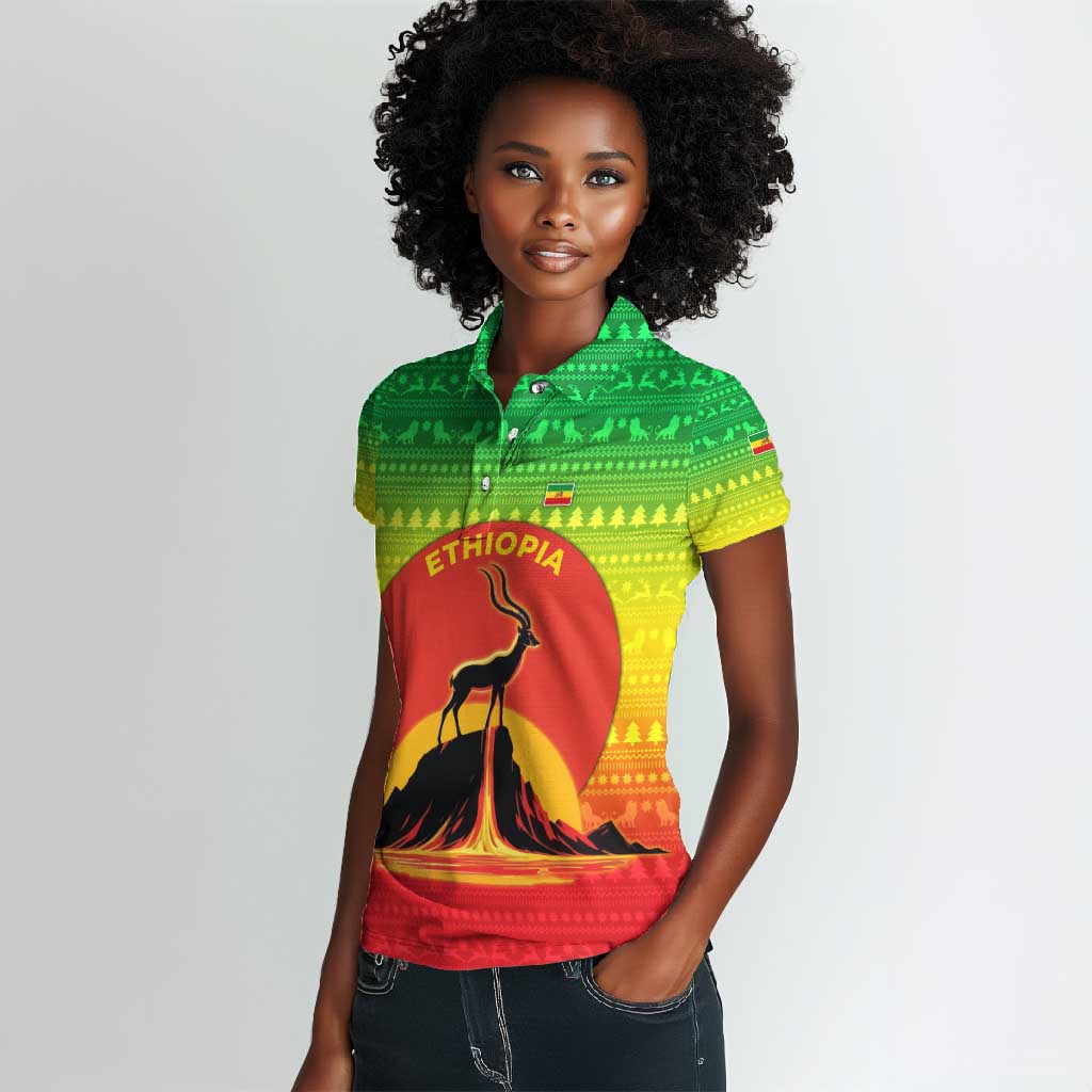 Ethiopia Christmas Women Polo Shirt Mountain Gazelle Sunset Ethiopian Flag - African Pride