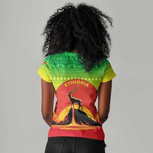 Ethiopia Christmas Women V-Neck T-Shirt Mountain Gazelle Sunset Ethiopian Flag - African Pride