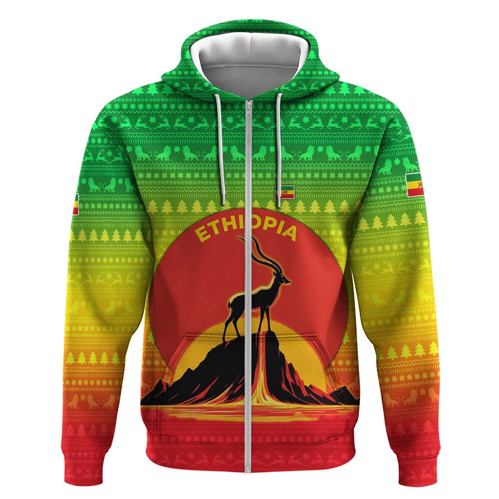 Ethiopia Christmas Zip Hoodie Mountain Gazelle Sunset Ethiopian Flag - African Pride