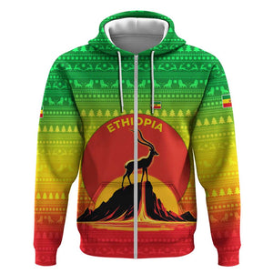 Ethiopia Christmas Zip Hoodie Mountain Gazelle Sunset Ethiopian Flag - African Pride