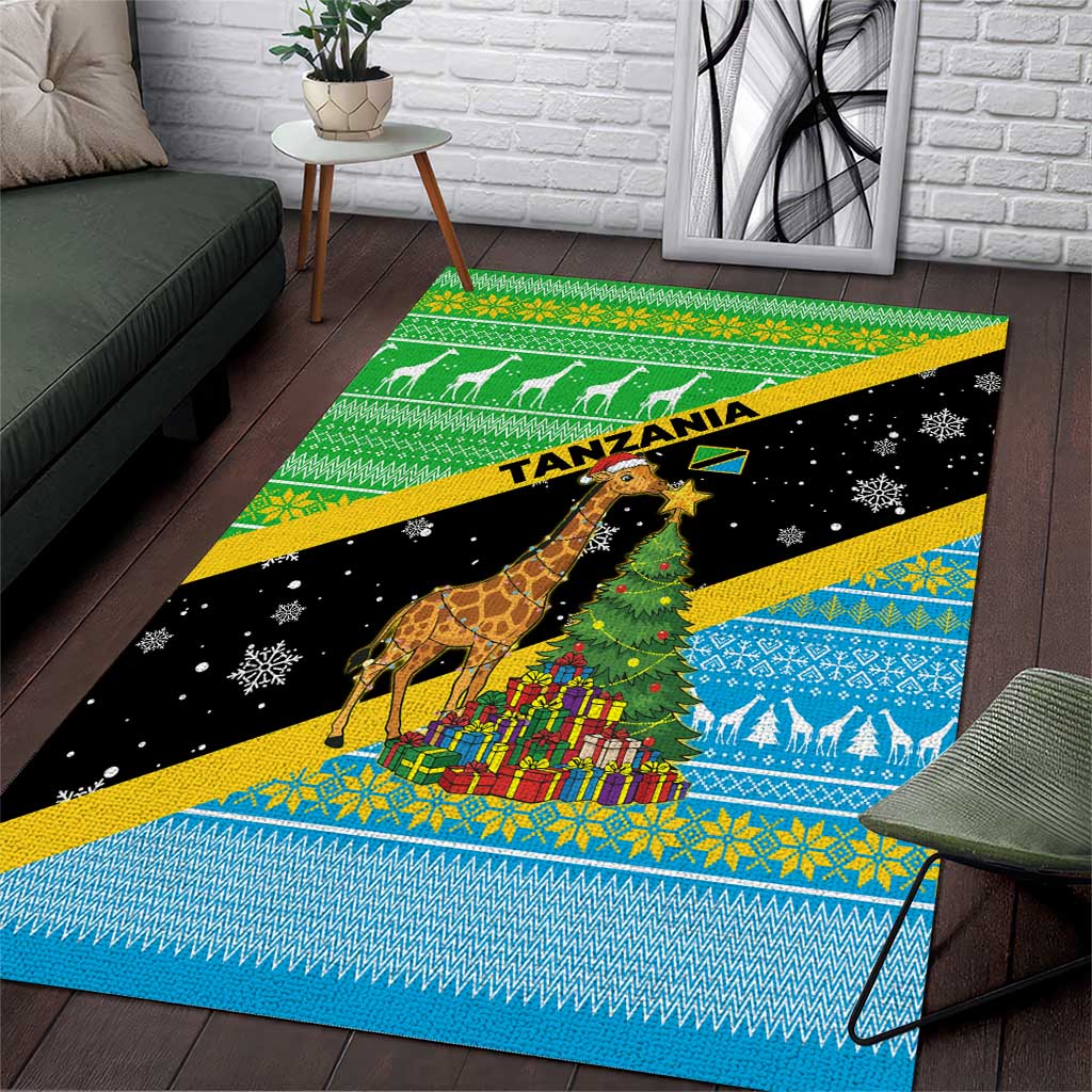 Tanzania Christmas Area Rug Giraffe Christmas Tree Snowflakes and Flag - African Pride