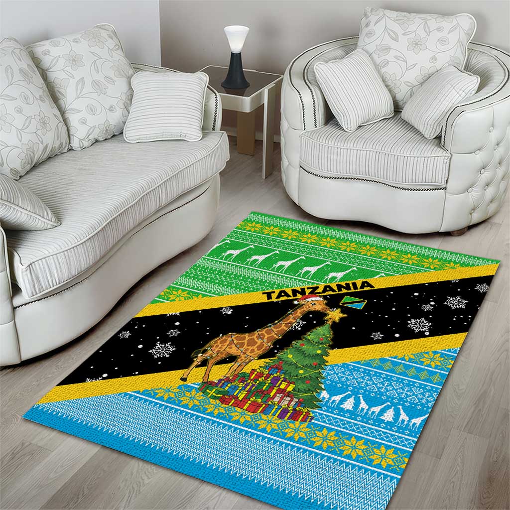 Tanzania Christmas Area Rug Giraffe Christmas Tree Snowflakes and Flag - African Pride