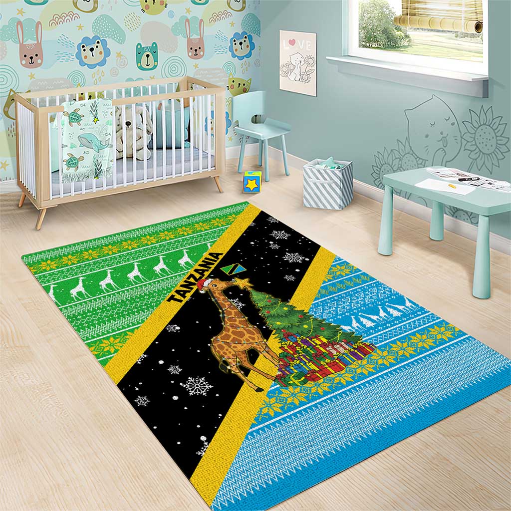 Tanzania Christmas Area Rug Giraffe Christmas Tree Snowflakes and Flag - African Pride